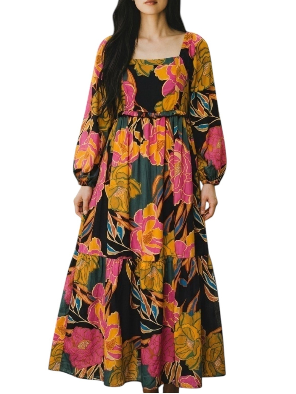 ODDY Boho Floral Maxi Dress Long Bishop Sleeve Square Neck Tiered Large. 